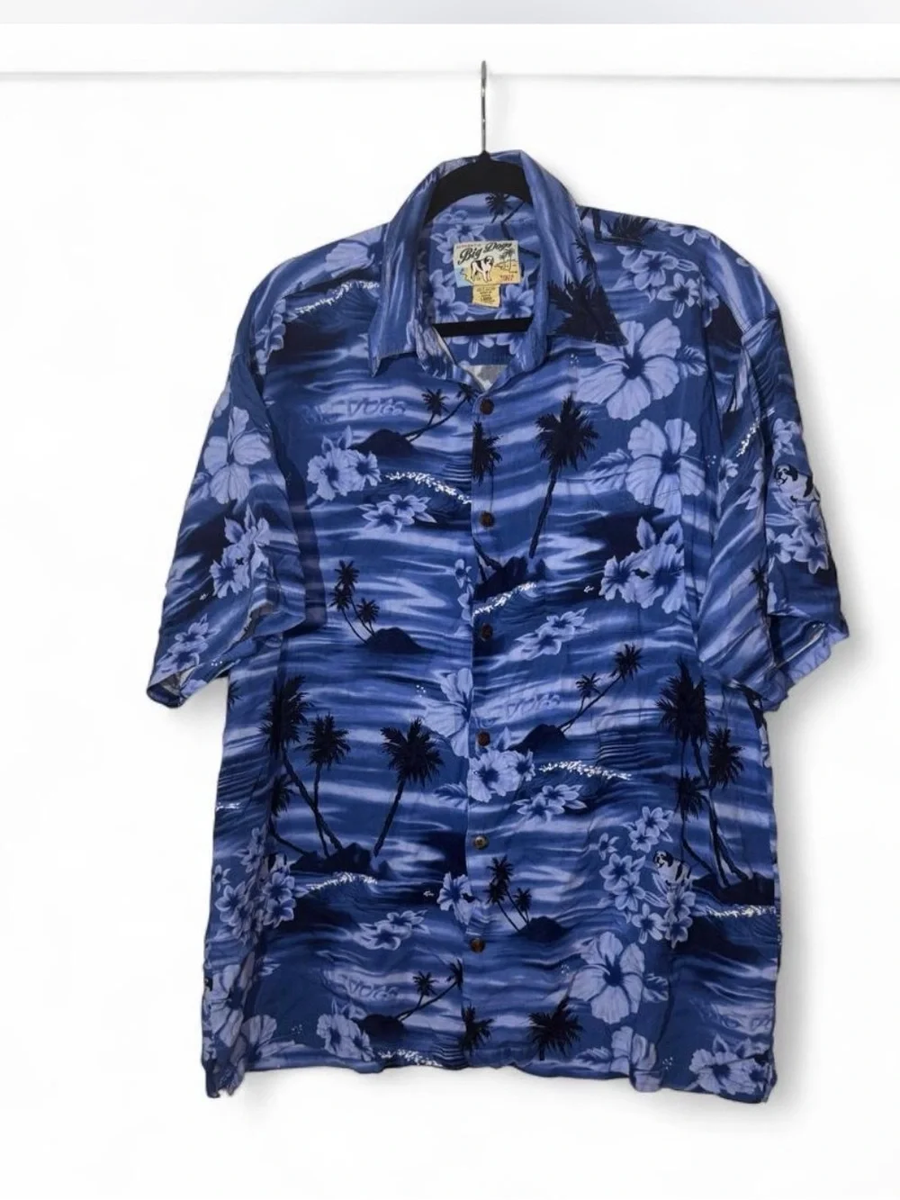 Vintage Y2K Big Dogs Blue Hibiscus Clouds Allover Print Rayon Shirt L - Picture 1 of 3